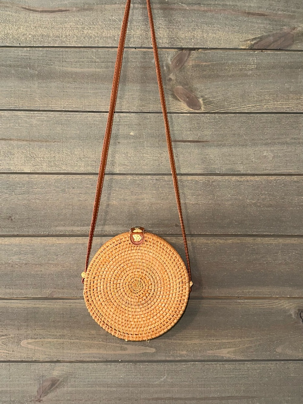 Woven Round Crossbody Bag in Natural Brown